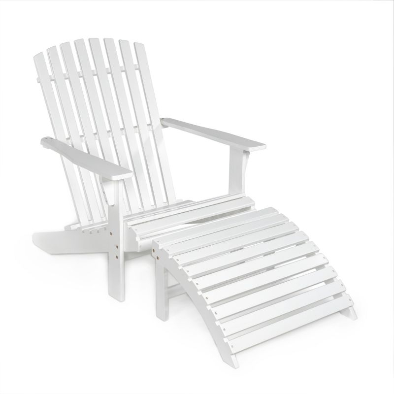 Saranac 2-Piece Traditional Rustic Acacia Wood Adirondack Chair with Detachable Ottoman, White - JONATHAN Y