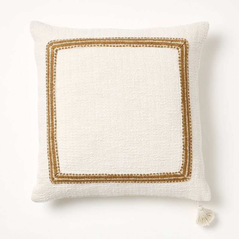 Embroidered Frame Square Throw Pillow Cream/Dark Tan - Threshold™ designed with Studio McGee: Cotton Blend, Zipper Closure, Indoor Use