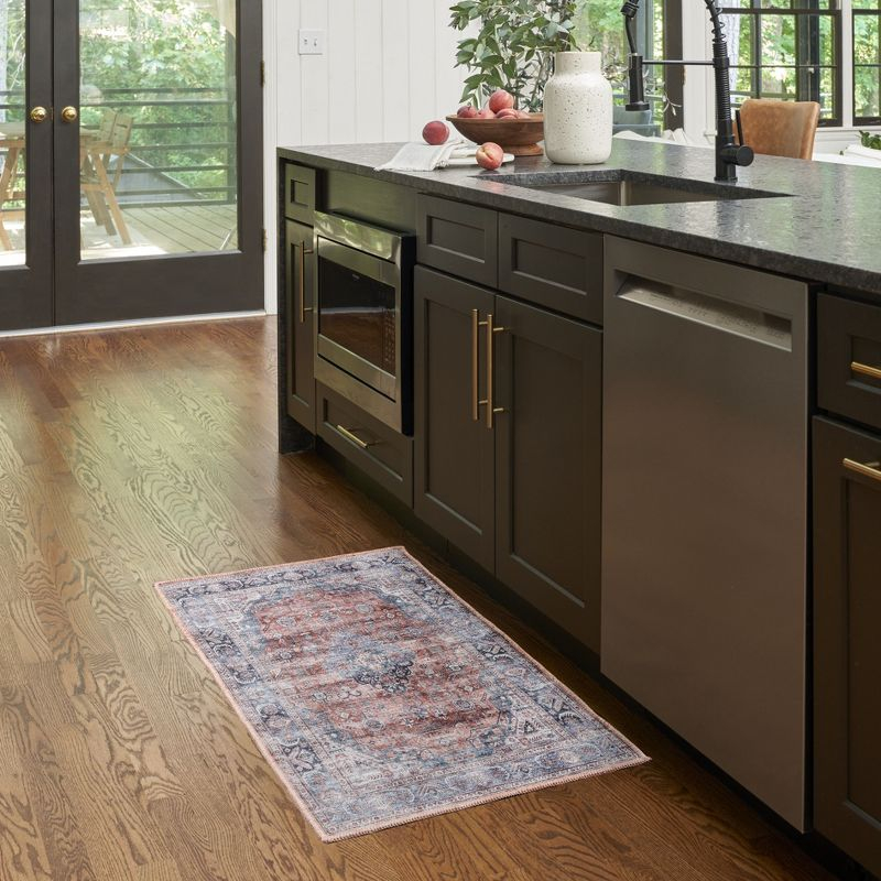 Nourison Washable Brilliance 2' x 4' Blue/Multi Vintage Indoor Bathroom, Kitchen Mat Rug