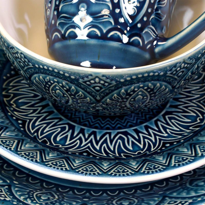 16pc Stoneware Mandala Embossed Dinnerware Set Blue - Elama: Classic Lace Pattern, Service for 4, Microwave & Dishwasher Safe
