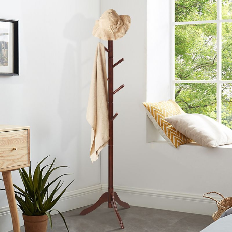 Costway Wooden Coat Rack Stand Entryway Hall Tree 2 Adjustable Height w/ 8 Hooks Brown