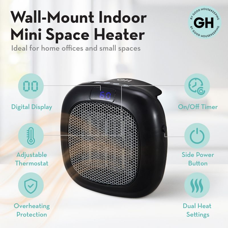 Good Housekeeping Wall-Mount Indoor Space Heater, Portable Electric Mini Heater w/ Adjustable Thermostat & Remote Control, 750W, Black