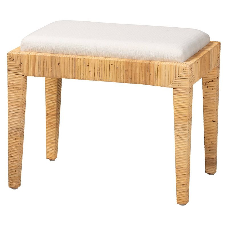 Sofia Rattan and Mahogany Wood Ottoman White/Natural Brown - Baxton Studio: Handmade, No Assembly Required