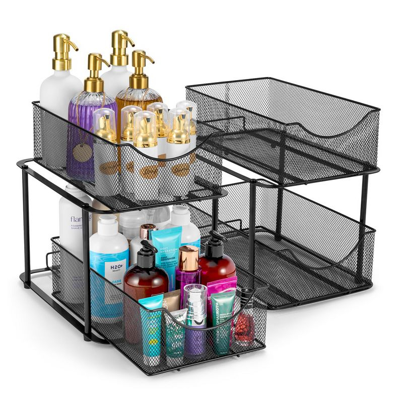 Sorbus 2 Pack 2 Tier Baskets with Mesh Sliding Drawers - Ideal Cabinet, Under the Sink, etc - Great for Bathroom, Kitchen, Office, etc. (Black)