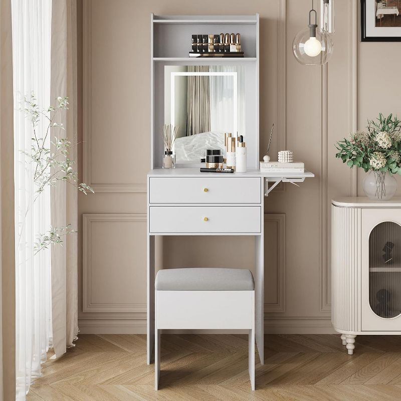 White Small Vanity Desk Set with Mirror and Lights Makeup Table with Drawer, Storage Chair, and Fold-up Panel for Small Space Bedroom