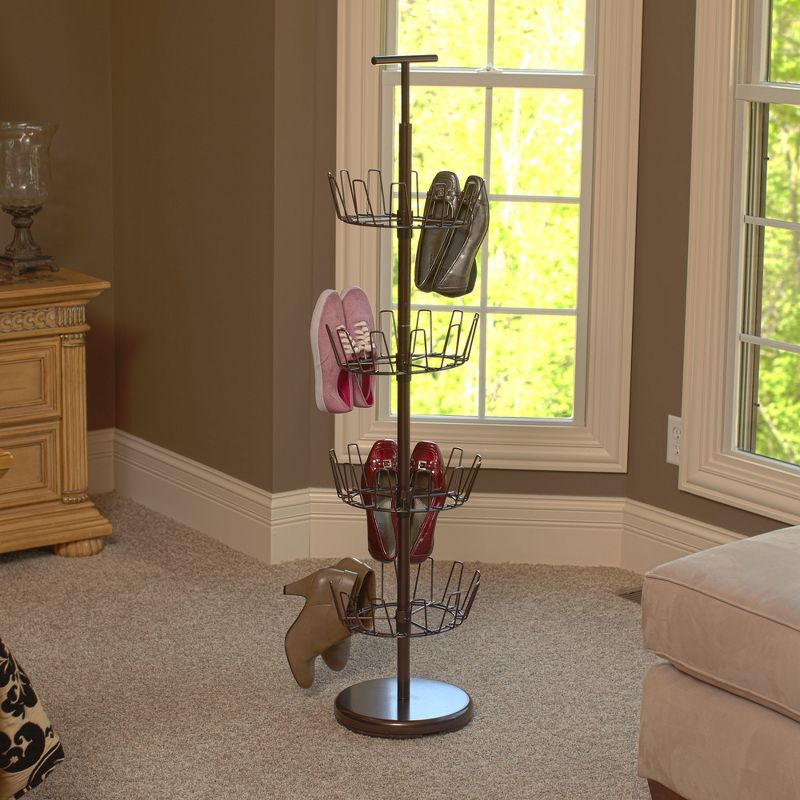 4-Tier Revolving Shoe Tree, Heavy-Duty Steel with Stabilized Base, Holds 24 Pairs of Shoes, Antique Bronze