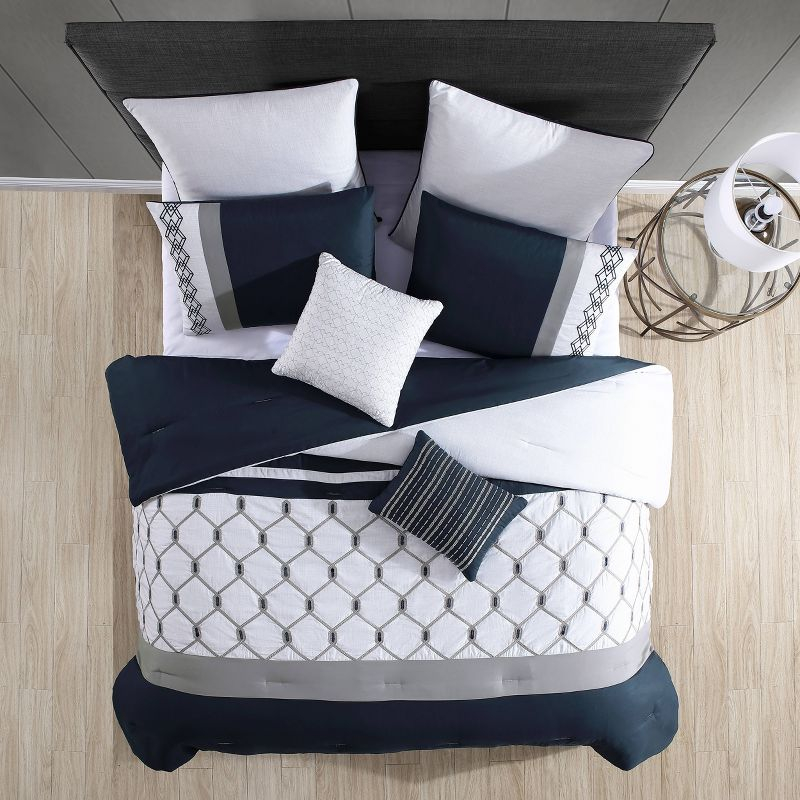8pc Queen Ellison Embroidered Colorblock Comforter Bedding Set - Dark Teal: Microfiber, OEKO-TEX Certified, Includes Euro Shams & Bed Skirt