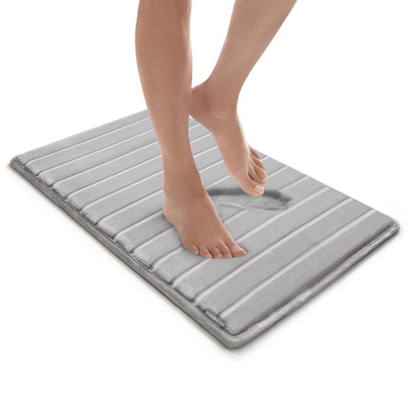 17"x24" MICRODRY SoftLux Quilted Striped Memory Foam Bath Rug/Runner with Skid Resistant Base Light Gray: Machine Washable, Plush Polyester