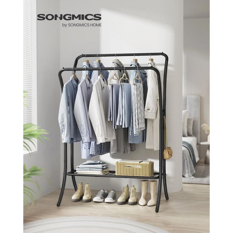SONGMICS Clothes Rack Clothing Rack with Shelves Double Rod Clothes Rack with 6 Hooks Clothes Storage and Display for Living Room Bedroom Ink Black