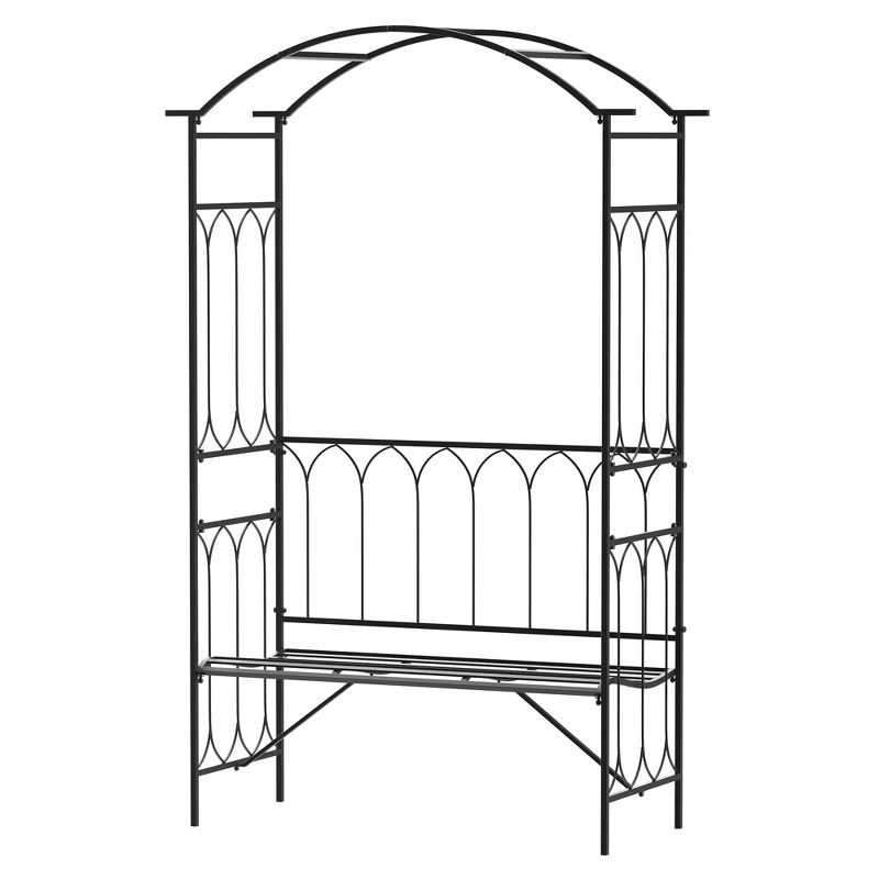 Outsunny Metal Trellis Arbor Arch for Climbing Plants with Garden Bench, Grow Grapes & Vines, Decorative Seating, 484 lbs. Weight Capacity, Black