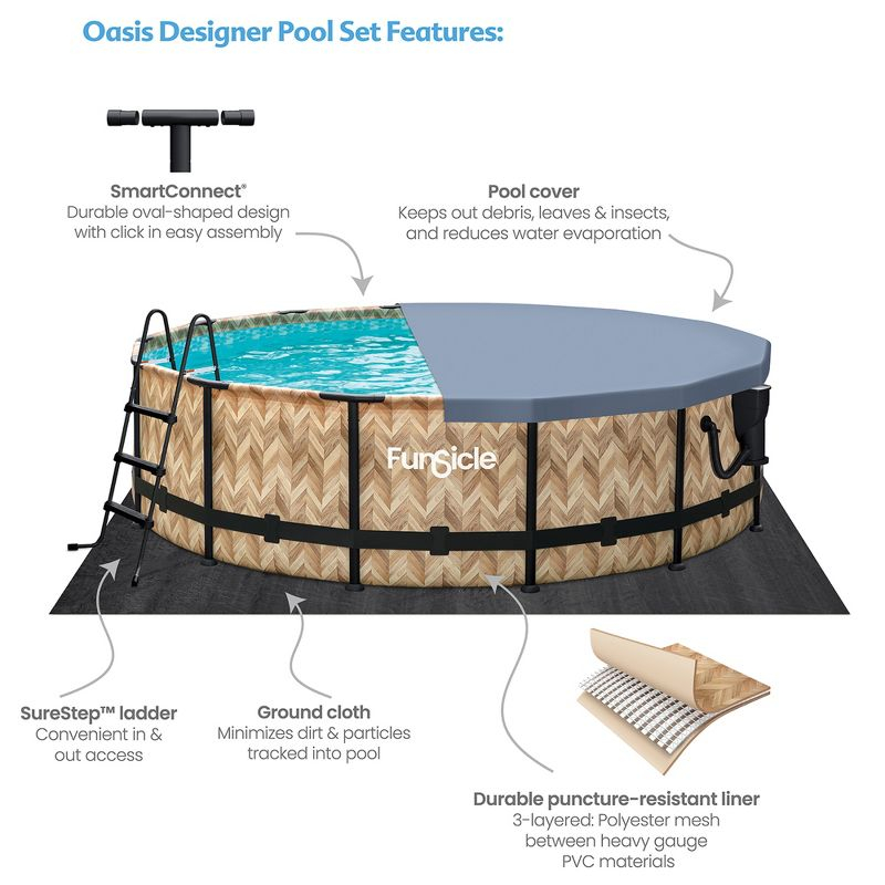 Funsicle 14' x 42" Oasis Designer Round Frame Outdoor Above Ground Swimming Pool Set with SkimmerPlus Filter Pump and Pool Cover, Oak Herringbone