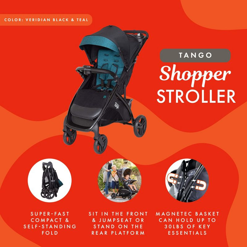 Baby Trend Tango Lightweight Compact Toddler Baby Infant Travel Stroller System with Oversized UPF 50+ Protection Canopy, Veridian Teal and Black