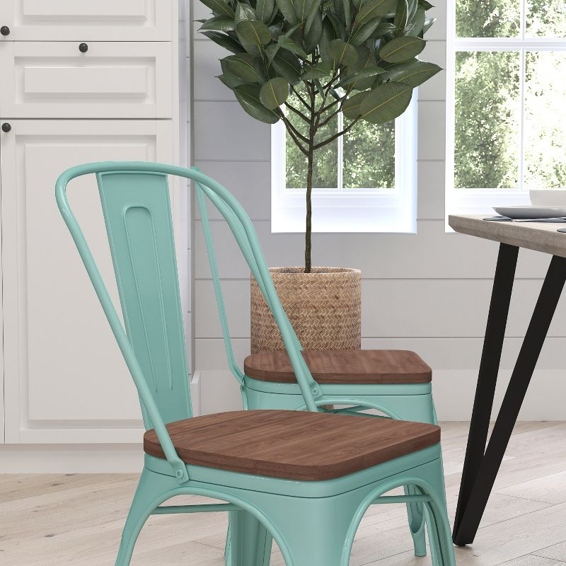 Merrick Lane Metal Stacking Chair in Mint Green with Curved, Slatted Back and Rustic Wood Seat