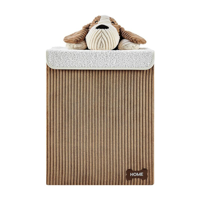 Danya B. Collapsible Folding Corduroy Kids' Laundry Hamper Toy Storage Brown with Dog Lid