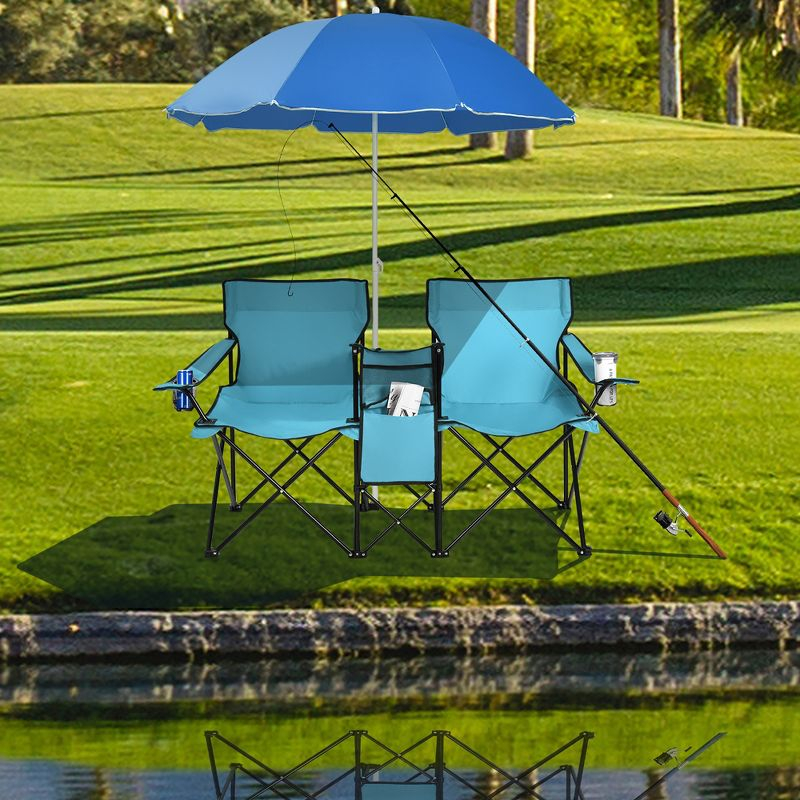 Portable Folding Picnic Double Chair W/Umbrella Table Cooler Beach Camping Turquoise