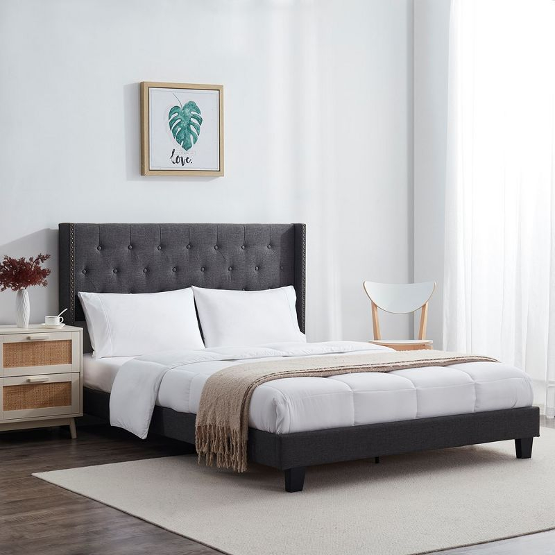 Bryt Wingback Diamond Upholstered Platform Bed, King Size Bed Frame with Headboard - Grey