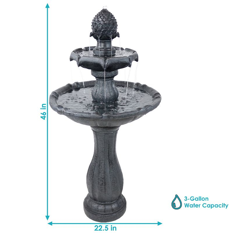 Sunnydaze Outdoor 2-Tier Solar Powered Pineapple Top Water Fountain with Battery Backup and Submersible Pump - 46" - Black