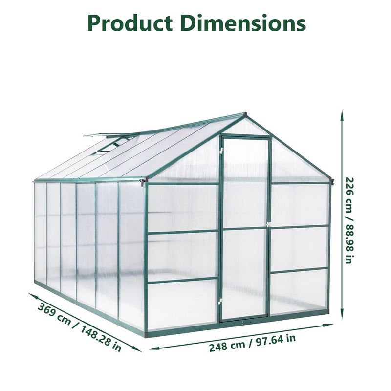 12x8 FT Greenhouse for Outdoors, Large Walk-in Greenhouse with Roof Vent, Heavy Duty Polycarbonate Greenhouse for Garden Patio Backyard