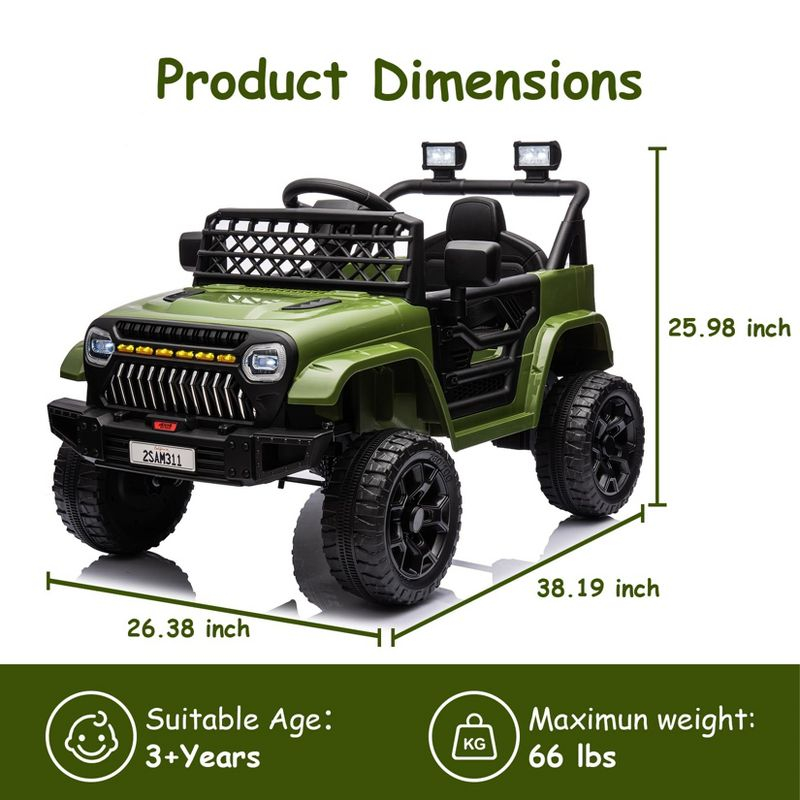 12V Ride On Car for Kids, Electric Vehicle Toddles, Battery Powered Truck Car Toy with RC, LED, Music, 4-Wheel Suspension, Army Green