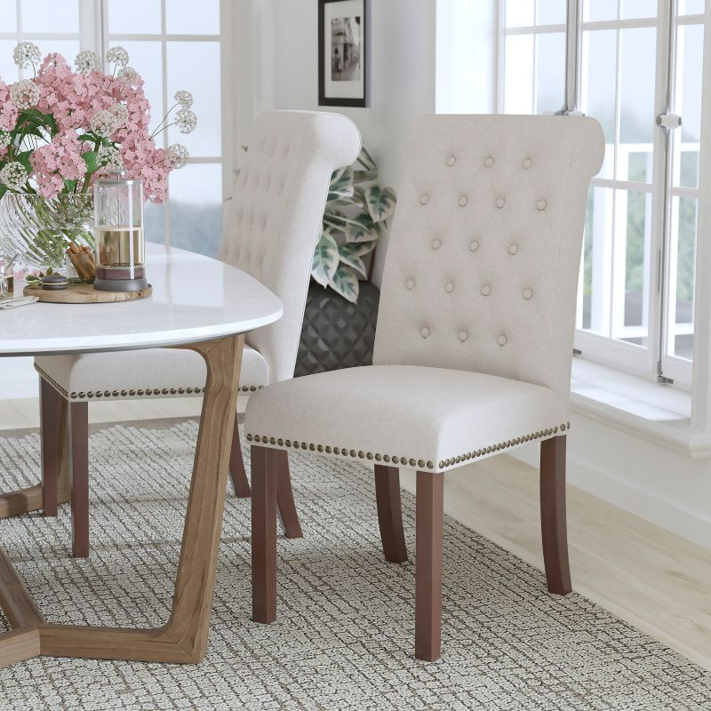 Flash Furniture HERCULES Series Beige Fabric Parsons Chair with Rolled Back, Accent Nail Trim and Walnut Finish