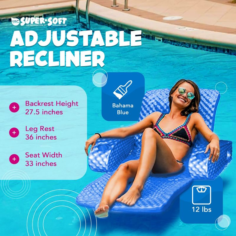 TRC Recreation Super Soft Adjustable Pool Recliner Float Portable Comfortable Chair Lounger with Cup Holders for Swimming Pool Essentials, Bahama Blue