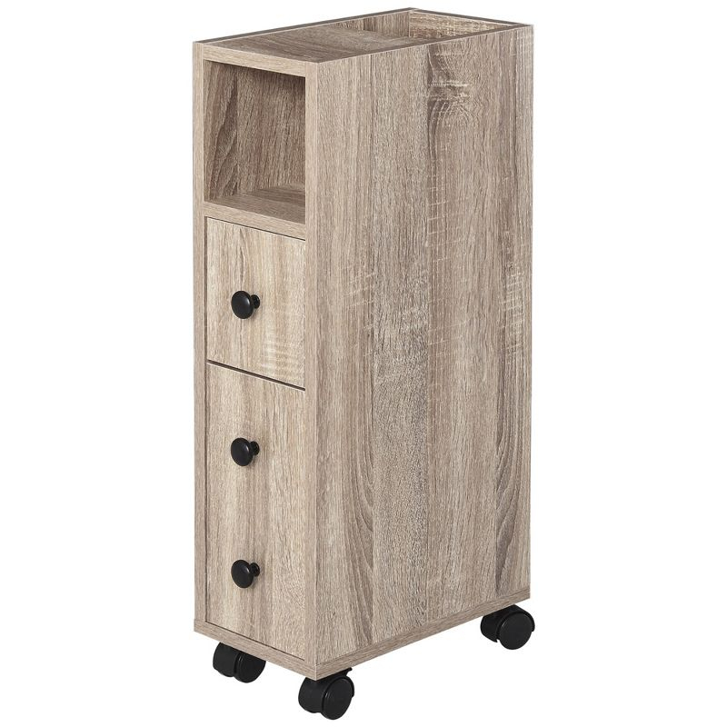 kleankin Freestanding Compact Design Bathroom Cabinet with 2 Open Cabinets, 1 Door Cabinet, 1 Drawer and 4 Rolling Wheels, Oak Grain Color