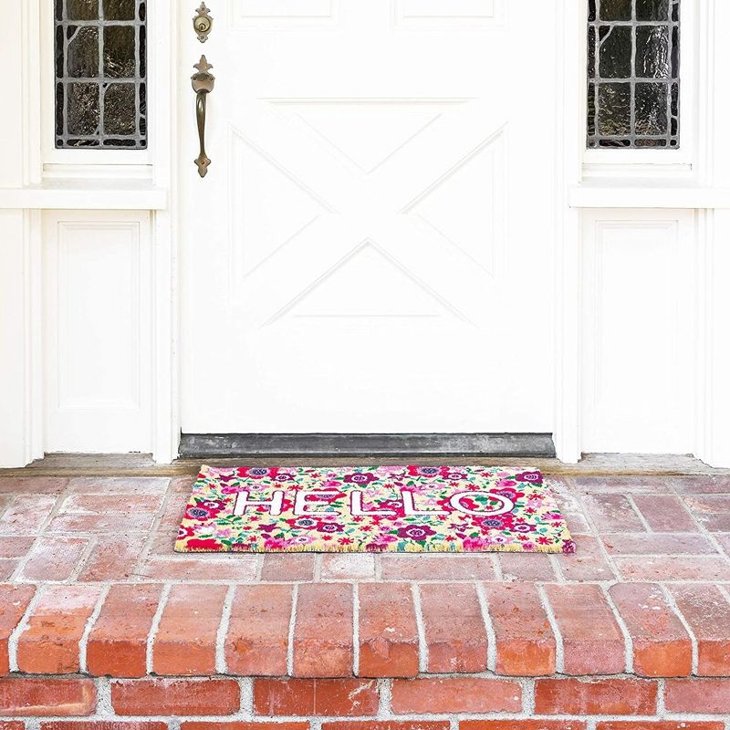 Juvale Natural Spring "Hello" Floral Coir Doormat for Front Door, 17 x 30 Inches, Ideal for Door Entrance and Patio