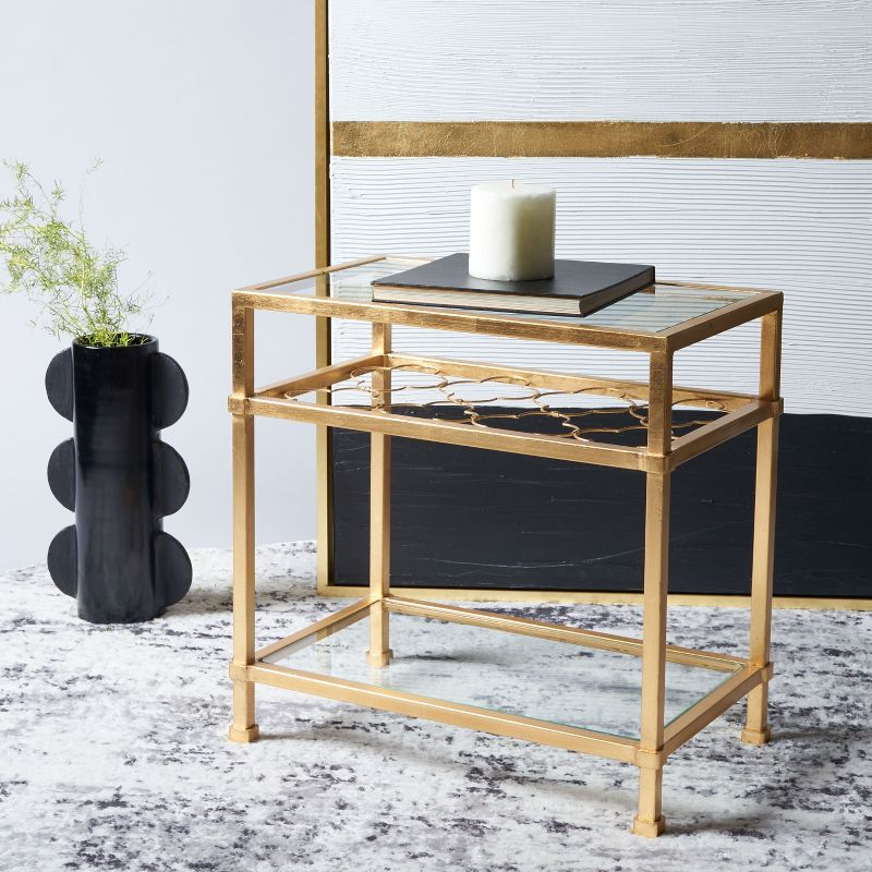 Hanzel Gold Leaf Glass Side Table - AMH8312A - Gold/Glass - Safavieh Couture