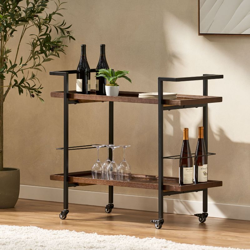 GDFStudio Harrison Industrial Faux Wood and Iron Bar Cart with Wheels, Dark Walnut