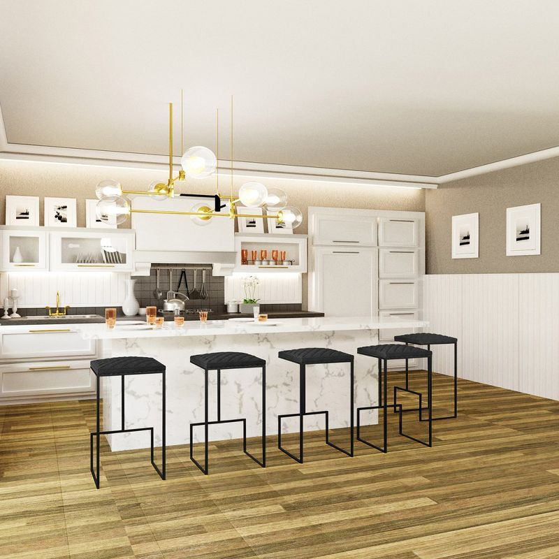 LeisureMod Quincy Modern Quilted Leather Bar Stool – Black Metal Frame Counter Height Chair for Kitchen Island and Counter Seating, Set of 2