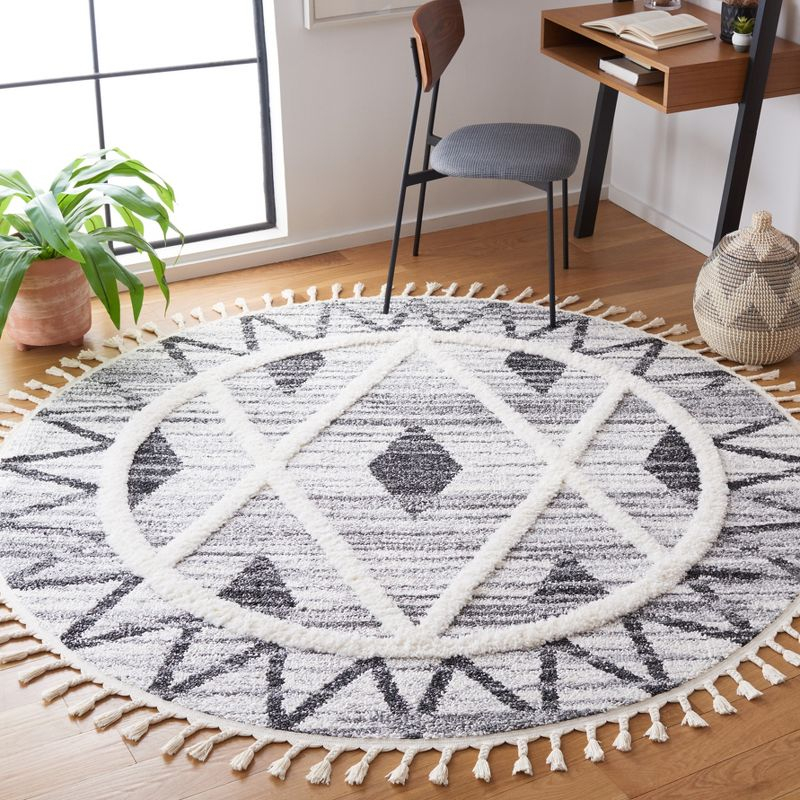 Moroccan Tassel Shag MTS642 Power Loomed Area Rug - Gray/Ivory - 6'7" round - Safavieh.