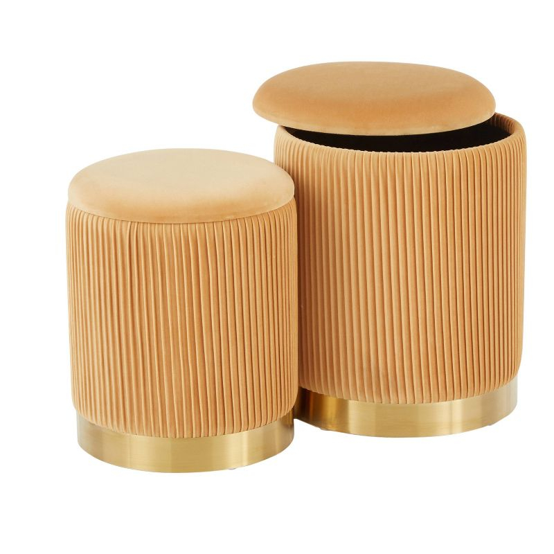 Marla Contemporary Nesting Pleated Ottoman Set Gold/Orange Velvet - LumiSource: Chic Design, Space-Saving, Metal Base