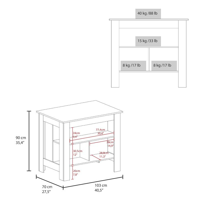 Depot E-Shop Kitchen Island, kitchen table 35" H, Four Legs, Three Open Storage Shelves