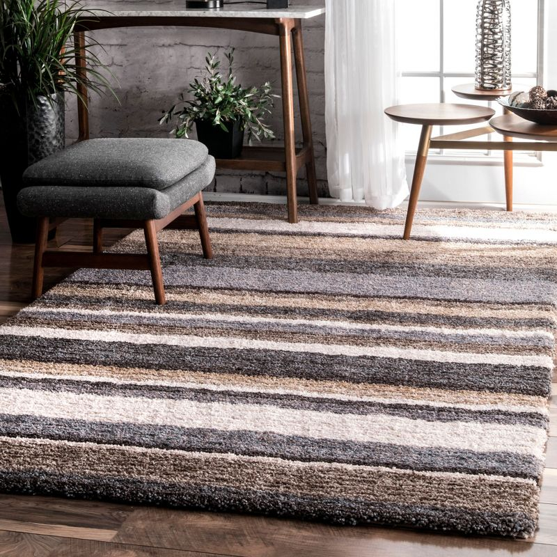 Nuloom Drey Striped 5x8 Shag Area Rug for Living Room Bedroom Dining Room Nursery, Beige Multicolor/Brown