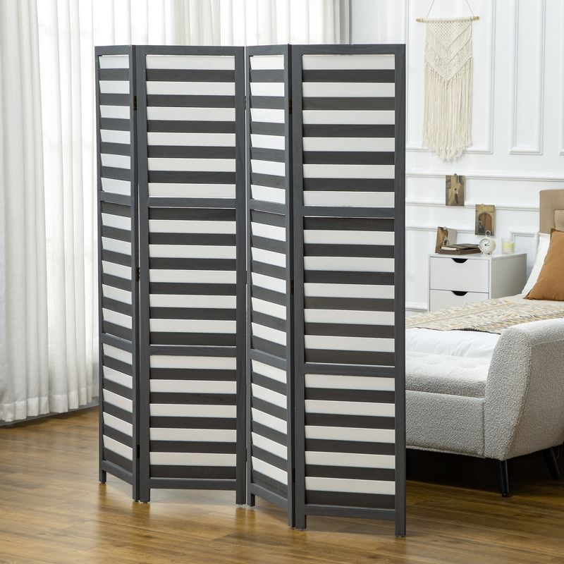 HOMCOM 5.6' 4 Panel Room Divider Folding Privacy Screen Panel, Louvred Freestanding Privacy Divider, White / Grey