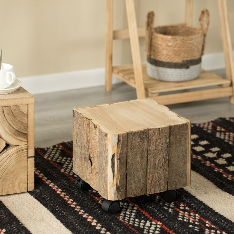 Vintiquewise Accent Decorative Natural Wooden Square Stump Stool, with Wheels for Indoor and Outdoor