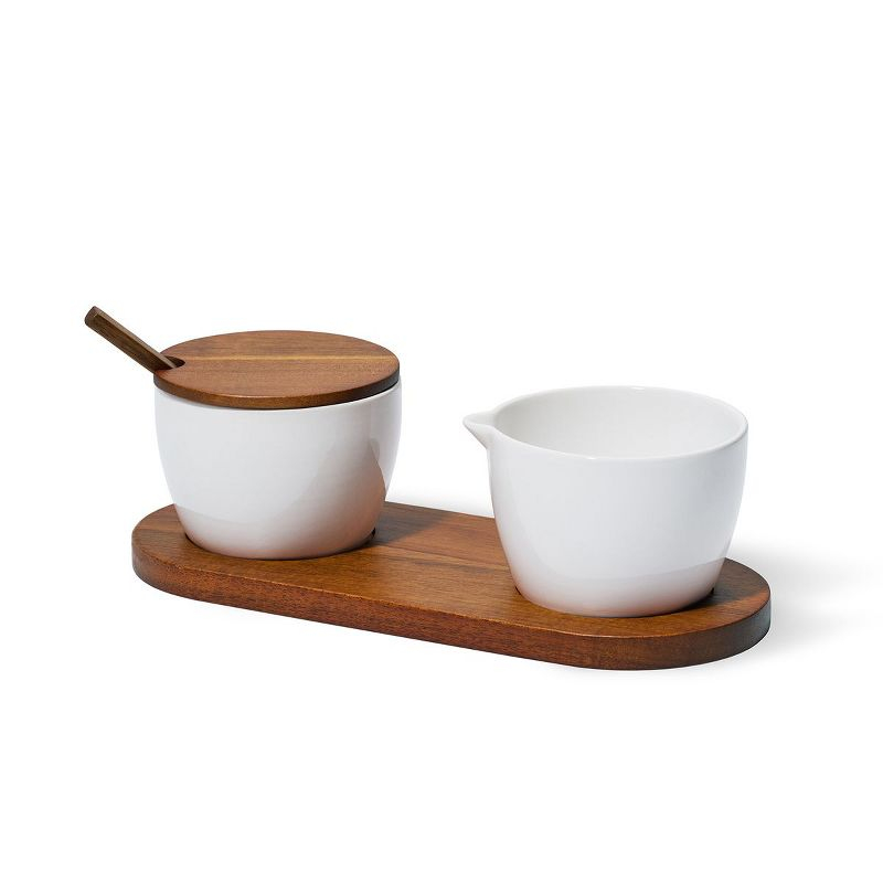 Nambé Duets Sugar & Creamer - White Porcelain & Acacia Wood Finish Set - 9.5" x 3.25" - with Lid & Spoon for Dining, Coffee & Tea Service