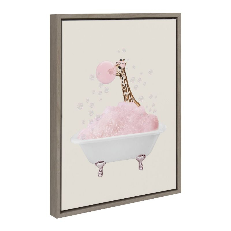 Kate & Laurel All Things Decor 18"x24" Sylvie Giraffe Taking a Bath Framed Canvas Wall Art by July Art Prints Gray Zoo Animal Bath