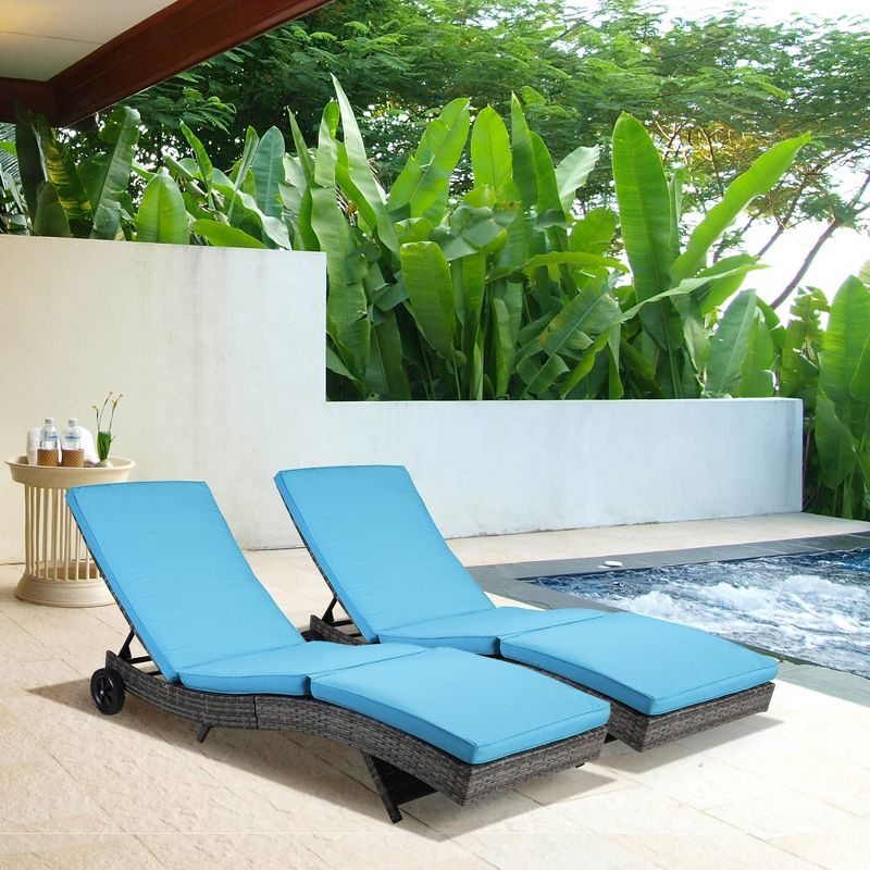 Outsunny 2 Piece Chaise Lounge Pool Chair Set, Outdoor PE Rattan Cushioned Patio Sun Lounger w/ 5-Level Adjustable Backrest & Wheels, Wicker, Sky Blue