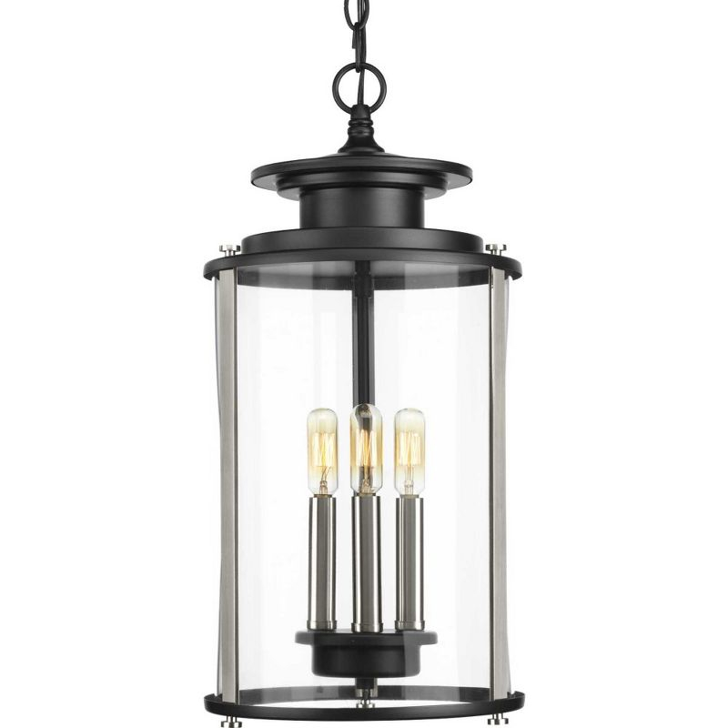 Progress Lighting Squire 3-Light Hanging Lantern, Steel, Black Finish, Clear Glass Shade