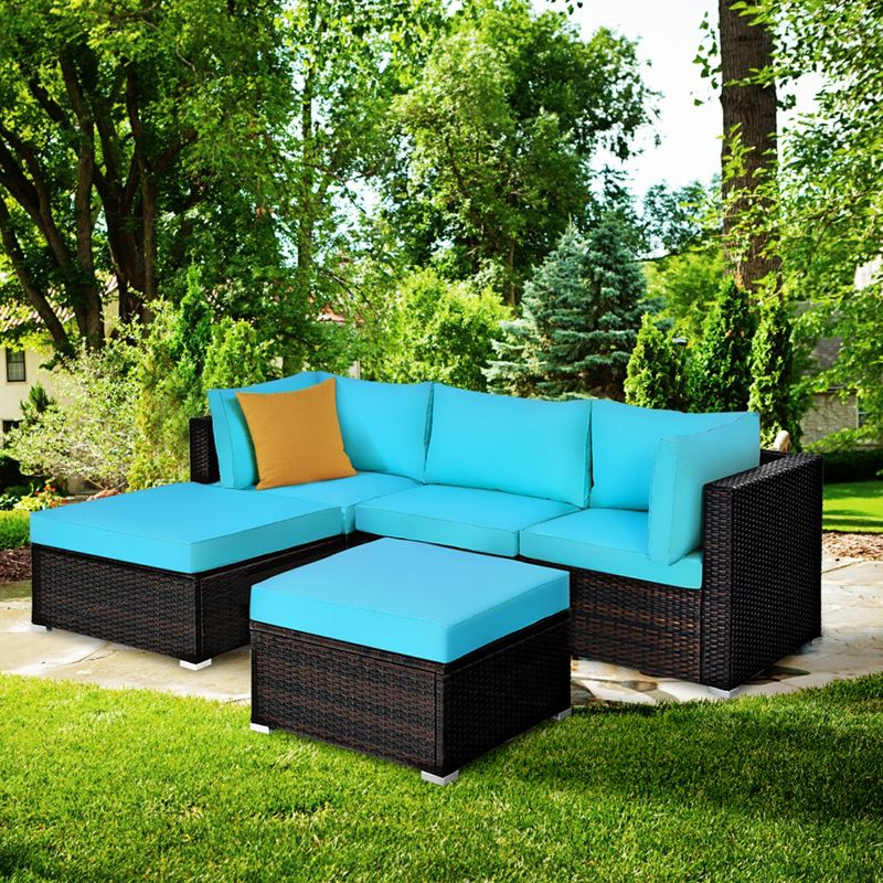 Tangkula 5PCS Cushioned Rattan Patio Conversation Set Outdoor Furniture Set w/ Ottoman