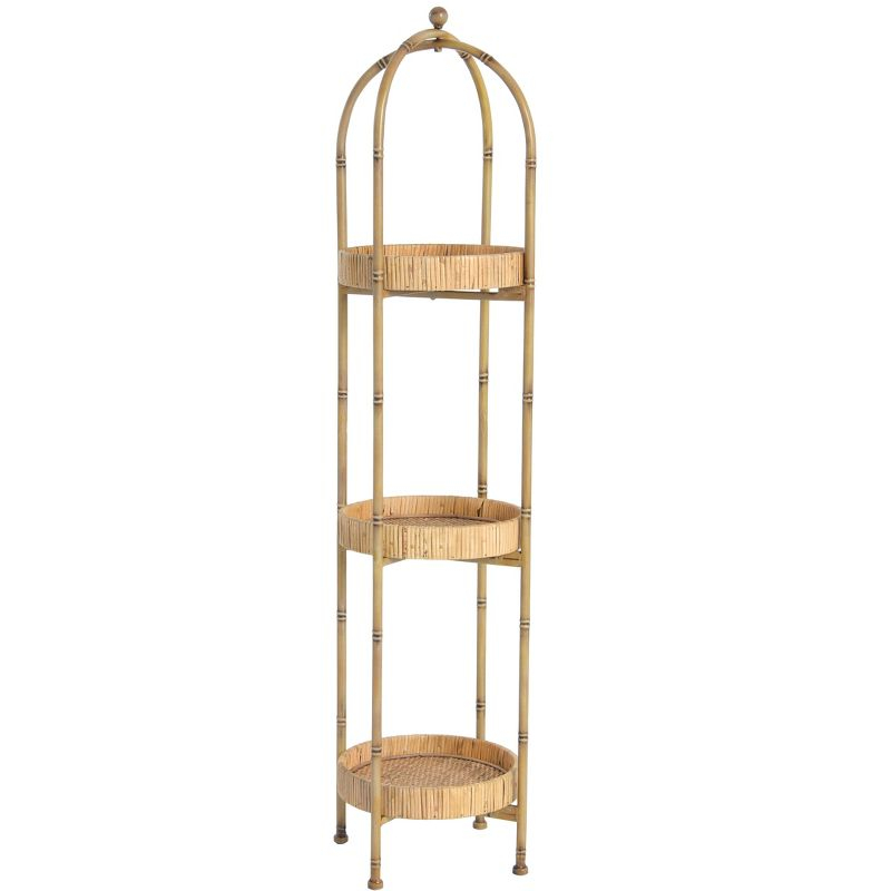Storied Home Boho Bamboo-Style Metal Plant Stand or Shelf with Removable Rattan Trays, Natural