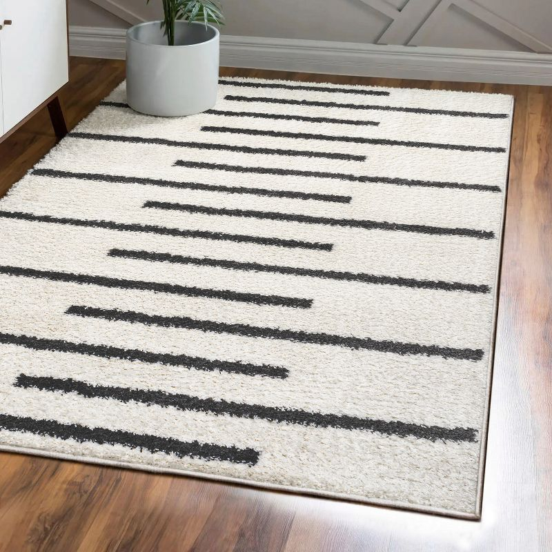 3'x5' Alaro Berber Stripe Shag Area Rug, White/Black - JONATHAN Y