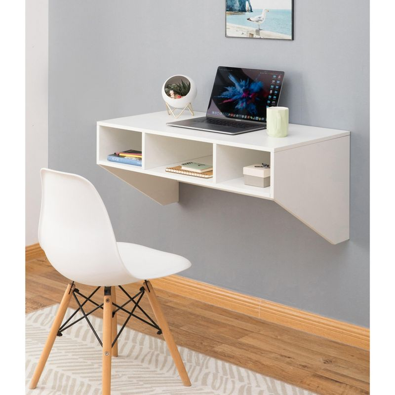Basicwise Wall Mounted Office Computer Desk with Three Compartments, White