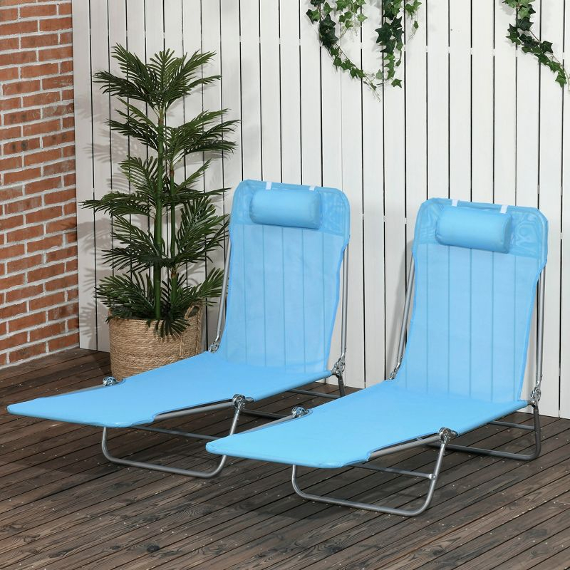 Outsunny Folding Chaise Lounge Pool Chairs, Set of 2 Outdoor Sun Tanning Chairs with Pillow, Five-Position Reclining Back for Beach, Blue