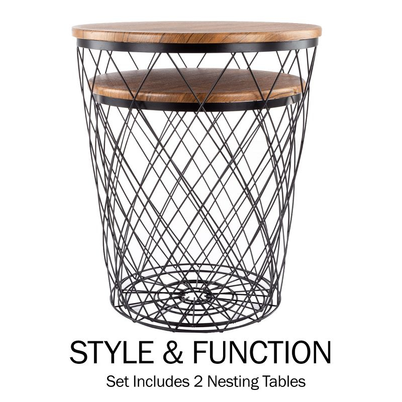 Lavish Home End Table with Storage – Set of 2 Round Nesting Tables with Diamond Pattern Wire Basket Wood Tops, Industrial Farmhouse Side Table
