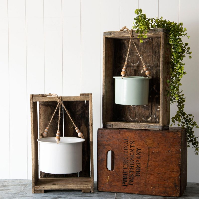 Set of 2 Metal Hanging Planters with Wood Bead Details Green/White - Foreside Home & Garden