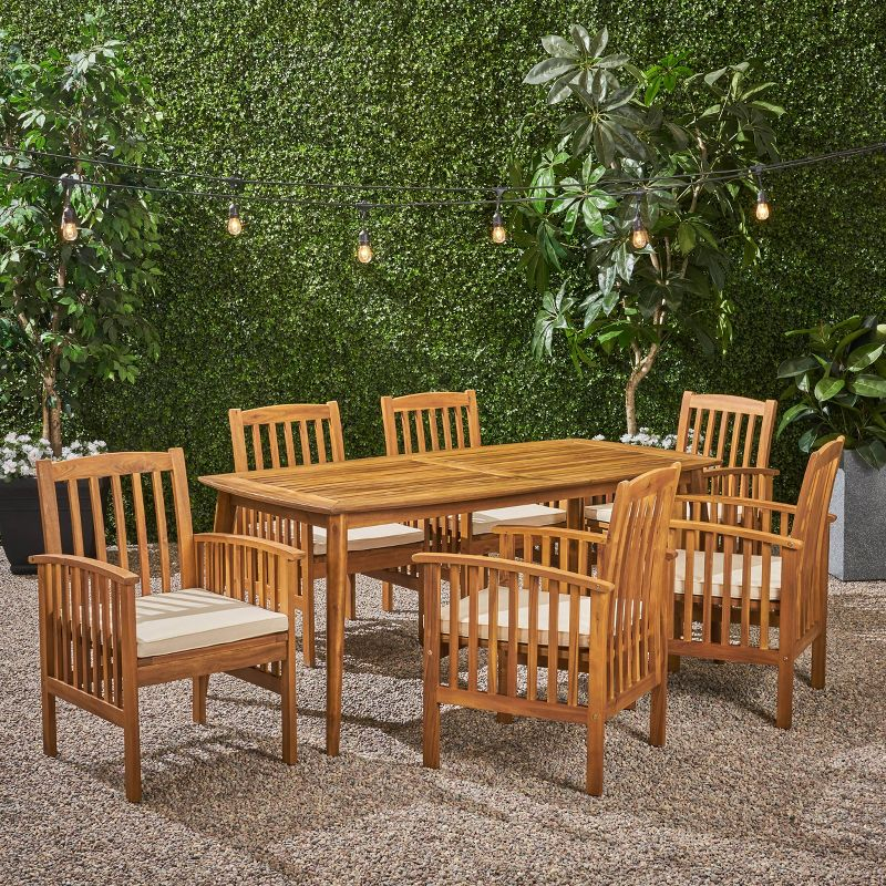 Christopher Knight Home Lepage Outdoor Acacia Wood 7 Piece Dining Set with Water Resistant Cushion, Cream/Brown