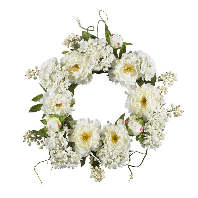 Nearly Natural 20-in Peony Hydrangea Wreath