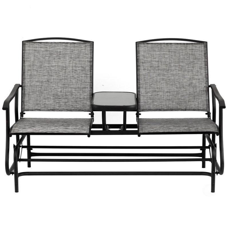 Gardenised Two Person Outdoor Double Swing Glider Chair Set with Center Tempered Glass Table, Loveseat Lawn Rocker Bench